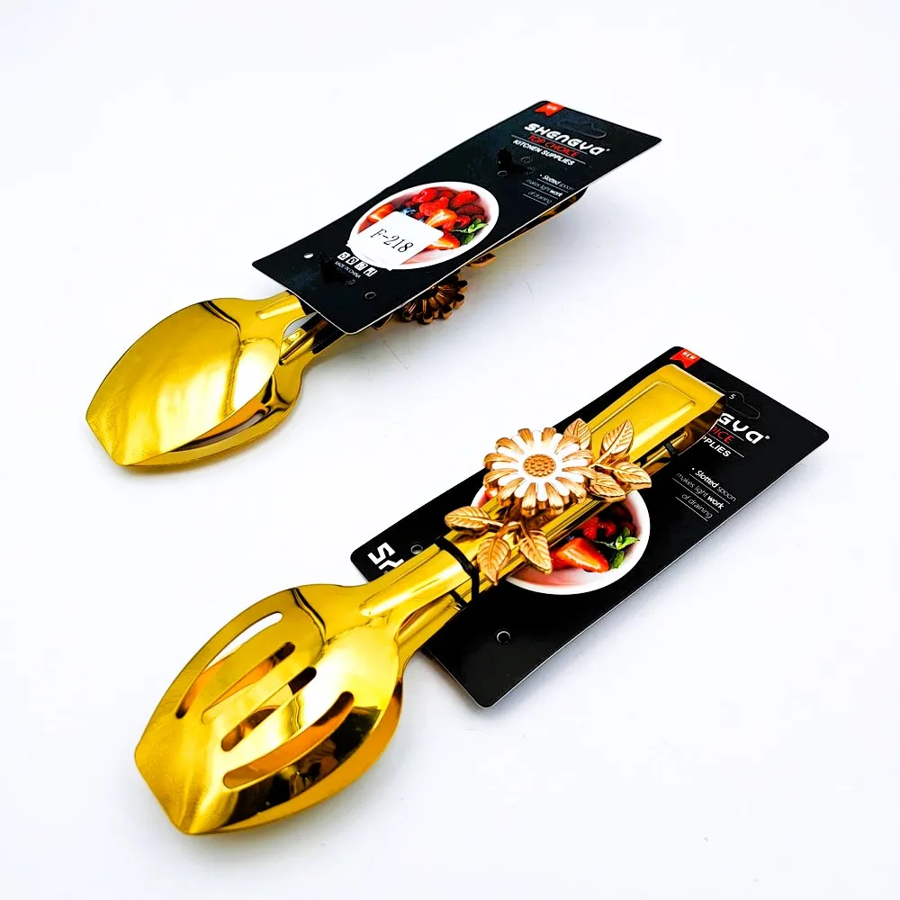 انبر استیل طلایی مرغ و سالاد طرح گل - Image 2